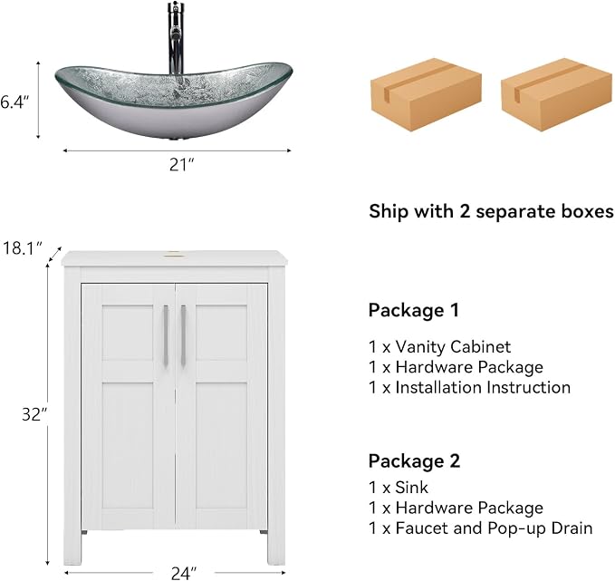 YOURLITE 24" Bathroom Vanity with Sink, White Bathroom Vanity and Sink Combo with Faucet & Pop Up Drain Set,Traditional Vanity with Blue Glass Boat Bathroom Sink