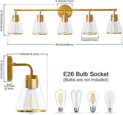 38.5" 5-Light Brushed Gold Modern Bathroom Vanity Light Fixture Over Mirror | Clear Glass Shade, Heat-Resistant Ceramic E26 Socket, Wall Sconces, Rustproof, Fit 40–48 Inch Mirrors for Vanity Table