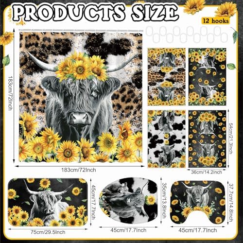 FuWeave 8 Pcs Highland Cow Shower Curtain Sets for Bathroom Sunflower Farm Cow Shower Curtain Sets Bathroom Accessories with Towels Carpet Bath Mat Toilet Rugs and 12 Hooks