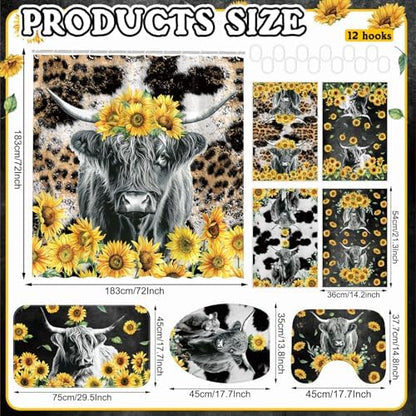 FuWeave 8 Pcs Highland Cow Shower Curtain Sets for Bathroom Sunflower Farm Cow Shower Curtain Sets Bathroom Accessories with Towels Carpet Bath Mat Toilet Rugs and 12 Hooks