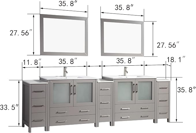 Vanity Art 108 Inch Under Mount Double Sink Bathroom Vanity Cabinet with 2 Mirrors, Ceramic Top Bathroom Cabinet Compact Set with 13 Dovetail Storage Drawers and Brushed Nickel Handles, VA3036-108-G