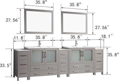 Vanity Art 108 Inch Under Mount Double Sink Bathroom Vanity Cabinet with 2 Mirrors, Ceramic Top Bathroom Cabinet Compact Set with 13 Dovetail Storage Drawers and Brushed Nickel Handles, VA3036-108-G