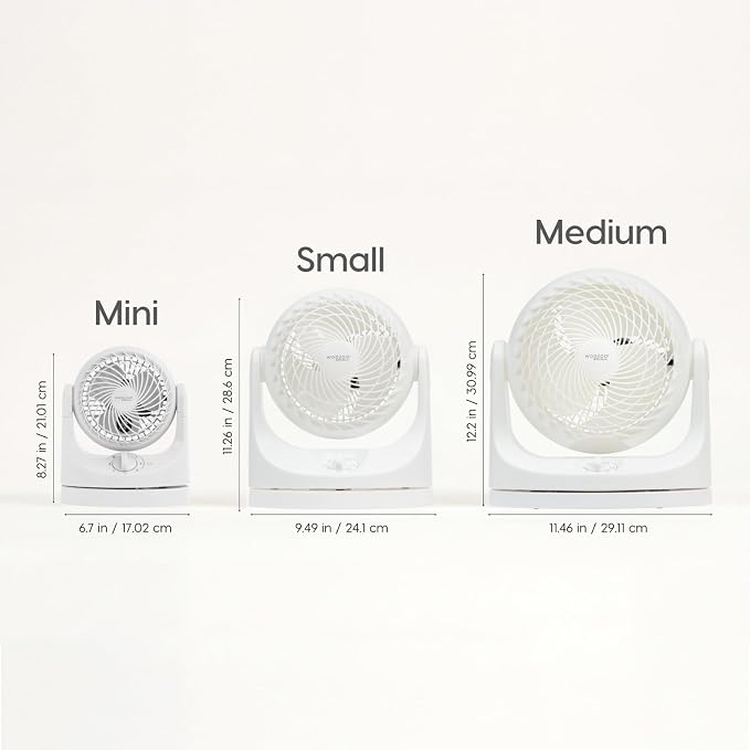 IRIS USA WOOZOO Mini Desk Fan, Oscillating Air Circulator, 112° Tilt, White | 32ft Max Air Distance, 108ft² Coverage, 112° Adjustable Vertical Tilt, 27db