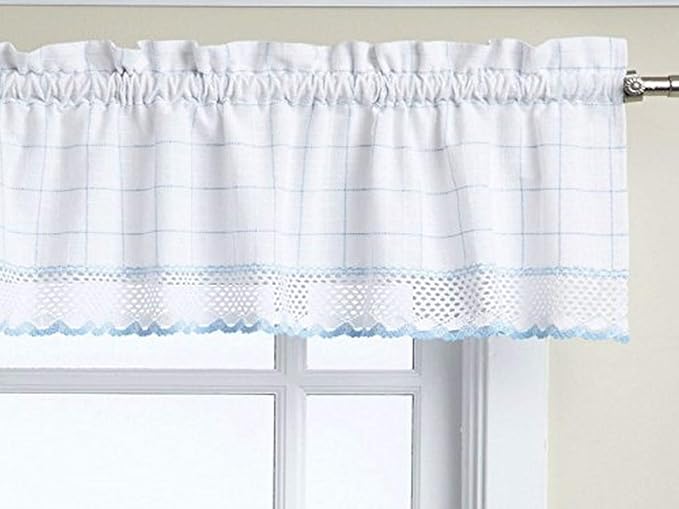 Sweet Home Collection Adirondack Cotton Kitchen Window Curtains Pair, Valance, White/Blue