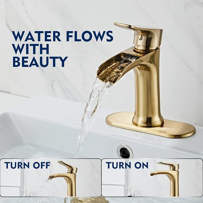 Brushed Gold Bathroom Faucet Yundoom Waterfall Single Hole Single Handle Bathroom Sink Faucet with Pop Up Drain bath05