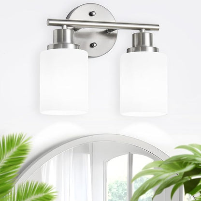 2-Light Vanity Lights, Brushed Nickel Bathroom Light Fixture with Striped Textured Milky White Glass Shade, E26 Modern Vanity Lighting Fixture for Bathroom Wall Sconce Light Over Mirror