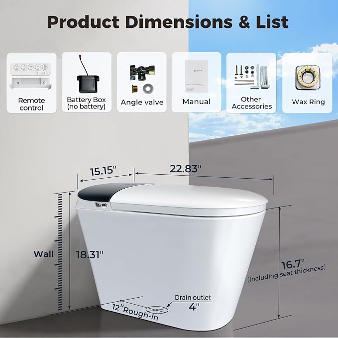 Smart Compact Toilet for Small Bathroom, 23" Depth Shallow Toilet with Foam Shield Auto Open/Close Lid, 12" Rough In, Built-in Tank, Heated Seat Foot Sensor Flush One-Piece (ZY695A Mini)