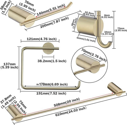 RANDOM Brushed Gold Bathroom Hardware Set 5 Pieces Include 24 inch Towel Bar Towel Ring Toilet Paper Holder Towel Hook for Bathroom,SUS304 Stainless Steel.RD96068S-5BG-2