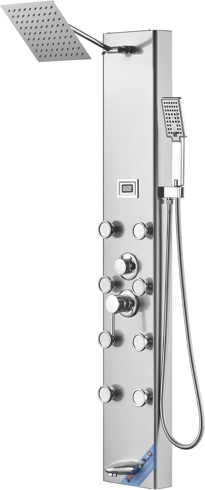 VEVOR Shower Panel Tower System, 5 Shower Modes, Digital Display Shower Panel, Rainfall, 8 Massage Jets, Tub Spout, 3-Setting Handheld Shower Head 59" Hose, Stainless Steel Wall-Mounted Shower Set