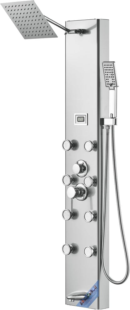 VEVOR Shower Panel Tower System, 5 Shower Modes, Digital Display Shower Panel, Rainfall, 8 Massage Jets, Tub Spout, 3-Setting Handheld Shower Head 59" Hose, Stainless Steel Wall-Mounted Shower Set