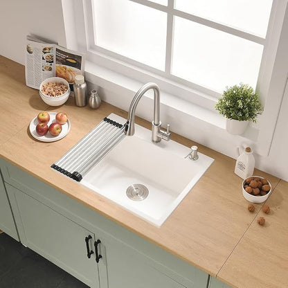 25 Inch White Drop In Kitchen Sink | 25x22 Drop In Kitchen Sink Quartz Granite Composite Single Bowl Outdoor Top Mount Basin with Small Rubber Squeegee