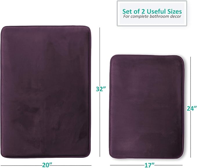 Clara Clark 2 Piece Bathroom Rugs Bath Mat Set, Velvet Memory Foam Bath Mats for Bathroom - Non-Slip, PVC Backing Bath Rugs, Washable - Dries Quickly, Purple
