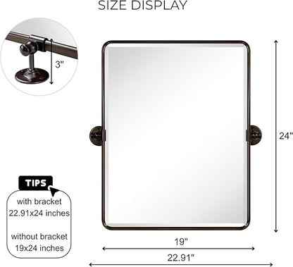 Farmhouse Oil Rubbed Bronze Metal Framed Pivot Rectangle Bathroom Mirror Rounded Rectangluar Tilting Beveled Vanity Mirrors for Wall, Overall 22.91 x 24 inches (Mirrror 19 x 24 inches)