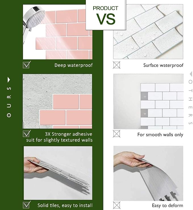 STICKGOO Subway Tile Peel and Stick Backsplash, Thicker Design 12" x 12" Stick on Backsplash Tiles for Kitchen, Bathroom, Wall Tile (10 Sheets, Pink)