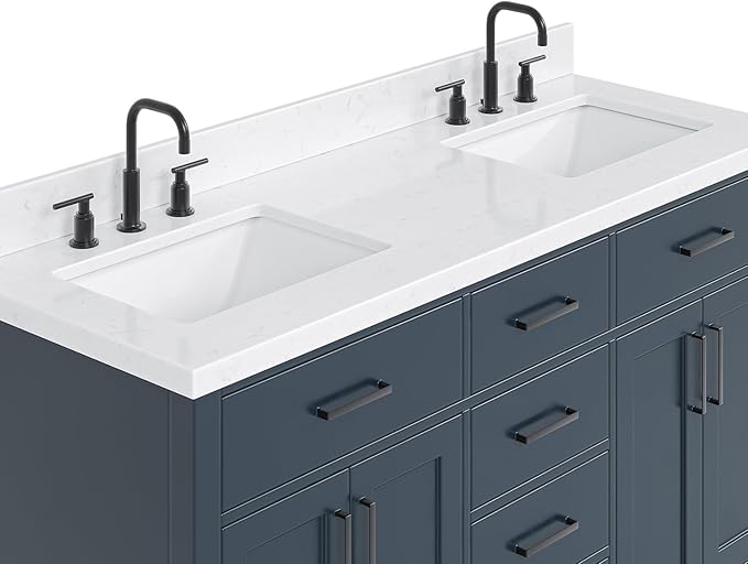 ARIEL Hepburn 60-inch Bathroom Vanity with Sink,Solid Wood, 1.5-inch Carrara White Quartz Countertop, Double Rectangular Porcelain Sink, 4 Soft Closing Doors, 6 Dovetail Drawers, Midnight Blue