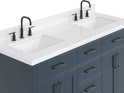ARIEL Hepburn 60-inch Bathroom Vanity with Sink,Solid Wood, 1.5-inch Carrara White Quartz Countertop, Double Rectangular Porcelain Sink, 4 Soft Closing Doors, 6 Dovetail Drawers, Midnight Blue