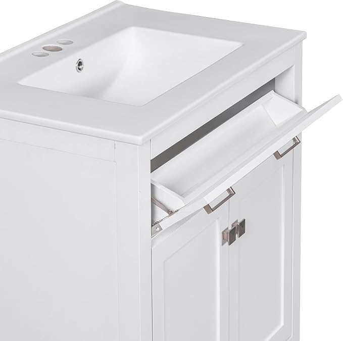 Favfurish 30" Bathroom Vanity with Ceramic Sink,Undermount Single Basin Bath Vanity Set w/1 Flip-Out Drawer and 2 Soft-Close Doors,Modern Solid Wood Storage Cabinet w/Adjustable Shelf,White