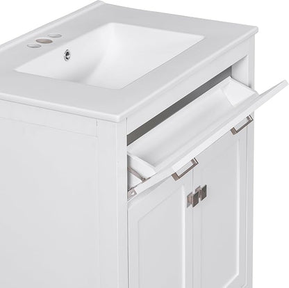 Favfurish 30" Bathroom Vanity with Ceramic Sink,Undermount Single Basin Bath Vanity Set w/1 Flip-Out Drawer and 2 Soft-Close Doors,Modern Solid Wood Storage Cabinet w/Adjustable Shelf,White
