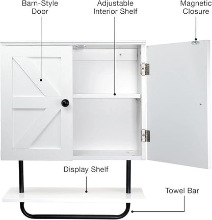 EXCELLO GLOBAL PRODUCTS 22" x 27.5” Barndoor Bathroom Wall Cabinet, Space Saver Storage Cabinet Kitchen Medicine Cabinet with Adjustable Shelf and Towel Bar, White