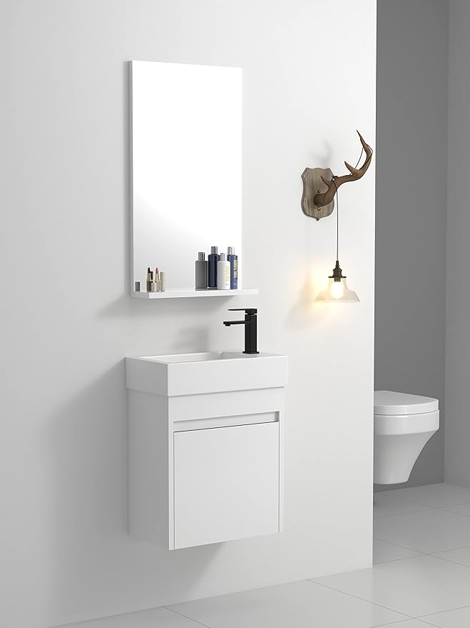 Henf Wall Mount 18 Inch Bathroom Vanity W/Sink Combo for Small Space, Modern Design Vanity Cabinet Gel Basin Countertop, Float Mounting Design Cabinet Set with Single Soft Close Doors(Without Faucet)