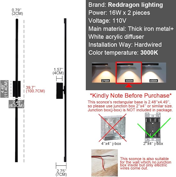Only Suitable for Small Junction Box Set of 2 Dimmable Hardwired Linear Black LED Wall Sconce Narrow Small Base 40 Inch Vanity Wall Light for Living Room Bedroom (2 Pack, 40'', Black, Dimmable)
