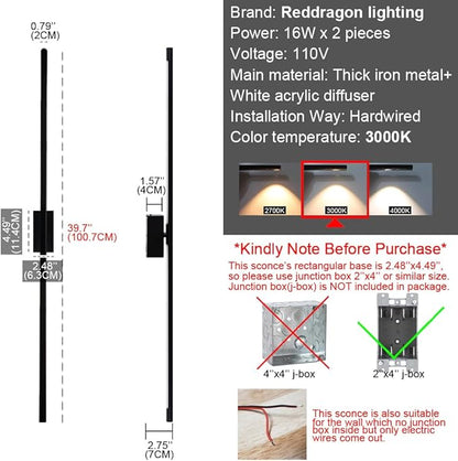 Only Suitable for Small Junction Box Set of 2 Dimmable Hardwired Linear Black LED Wall Sconce Narrow Small Base 40 Inch Vanity Wall Light for Living Room Bedroom (2 Pack, 40'', Black, Dimmable)