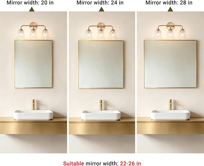 Daunton 3-Light Bathroom Vanity Light Gold, Vintage Vanity Light Fixtures Over Mirror, Brass Bathroom Light with Flower Glass Shade, Art Deco Wall Sconce Lighting for Bedroom, Living Room