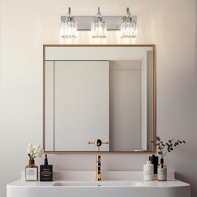 Ralbay Brushed Nickel Vanity Light for Bathroom Crystal 3-Light Modern Crystal Bathroom Light Fixtures
