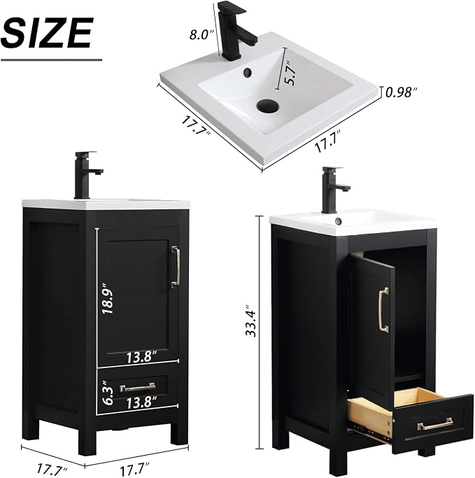 LUCKWIND 18" Bathroom Vanity and Sink Combos, Modern Bathroom Storage Painted Cabinet with Undercounter Ceramic Single Sink Top, Matte Black Faucet and Drawer, Mirror Not Included, Black