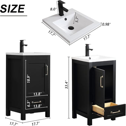 LUCKWIND 18" Bathroom Vanity and Sink Combos, Modern Bathroom Storage Painted Cabinet with Undercounter Ceramic Single Sink Top, Matte Black Faucet and Drawer, Mirror Not Included, Black