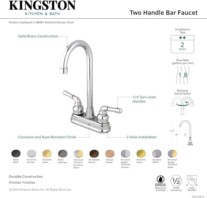 Kingston Brass KB497SB Magellan Two-Handle 2-Hole Deck Mount Bar Faucet in Brushed Brass
