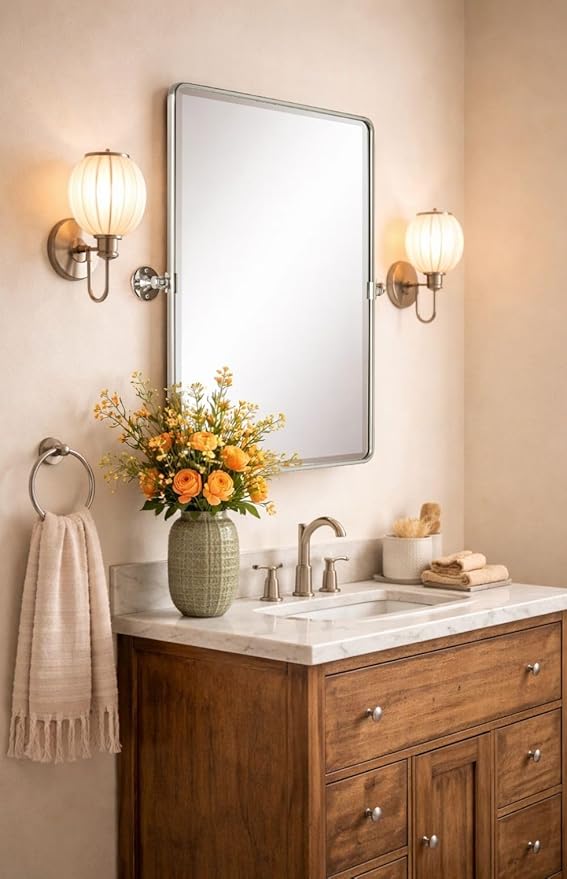 Farmhouse Pivot Rectangle Bathroom Mirror Chrome Metal Framed Tilting Beveled Vanity Mirrors for Wall, Overall 27.91x 30 inches (Mirrror 24 x 30 inches)