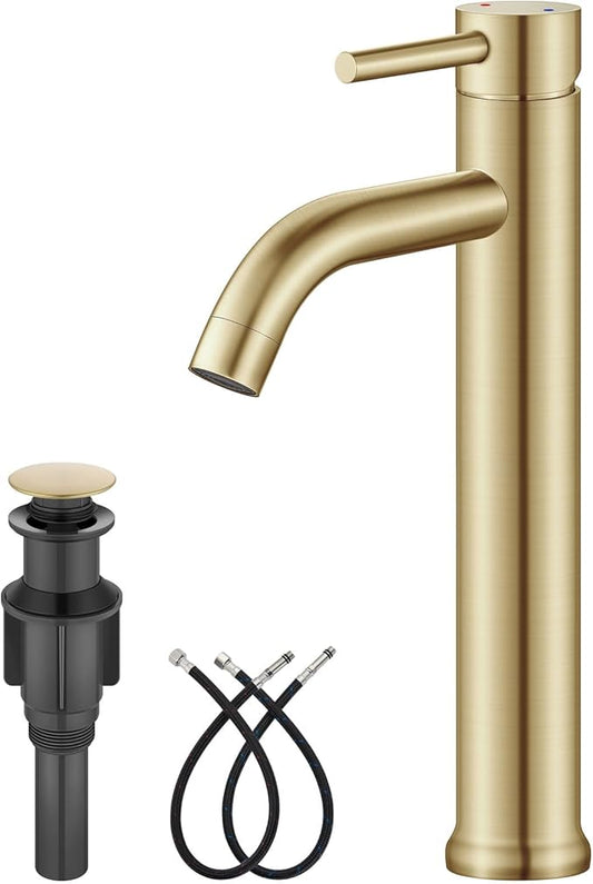 Aolemi Vessel Sink Faucet – SUS304 Stainless Steel Tall Bathroom Faucet,Single Lever Handle,1 Hole Bathroom Faucets with Supply Lines and Pop Up Drain,Brushed Gold