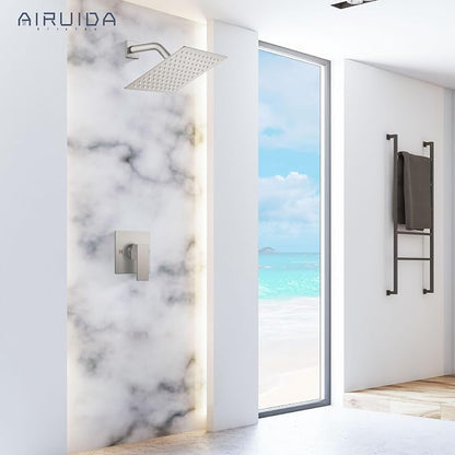 Airuida Brushed Nickel Shower Faucet Set,8 Inch Shower Valve Kit | Square Showerhead,Female Thread Rough-in Valve,Bathroom Rain Shower System,Single Function Handle
