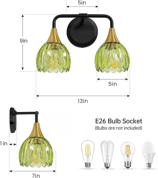 Bathroom Vanity Light Fixtures: 2-Lights Vintage Bathroom Lights Over Mirror with Ribbed Green Tulip Glass Shade - 14 inch Black and Gold Wall Sconce Bath Lighting