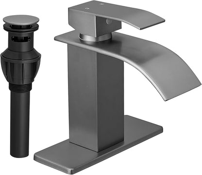 FRANSITON Brushed Grey Waterfall Bathroom Faucet Lavatory Single Handle 1 or 3 Hole Bathroom Sink Faucet with Deck and Pop-up Drain (Brushed Grey, Short)
