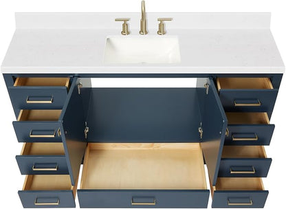ARIEL Cambridge 60-inch Bathroom Vanity with Sink,Solid Wood, 1.5-inch Carrara White Quartz Countertop, Single Rectangular Porcelain Sink, 2 Soft Closing Doors, 9 Dovetail Drawers, Midnight Blue