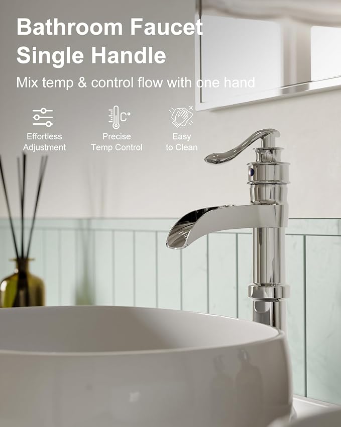 BWE Vessel Sink Faucet Waterfall Tall Chrome Bathroom Faucet | Single Handle 1 Hole Brass Countertop Lavatory Vanity Mixer Tap with Pop Up Drain and Supply Lines for RV Bar No Overflow