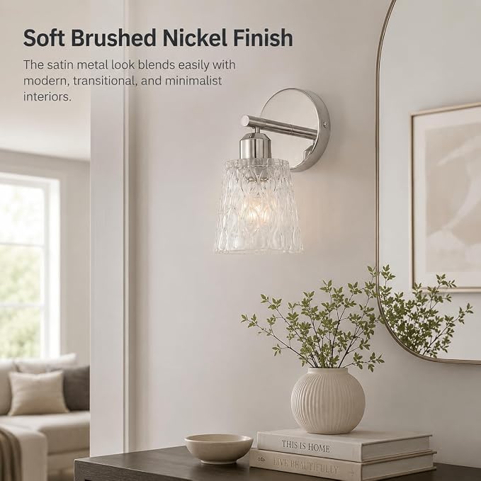 Chrome 1 Light Bathroom Vanity Light with Textured Glass Shade, E26 Socket, Bathroom Light Fixture Over Mirror, Modern Lighting Fixture Wall Lamp Vanity Light