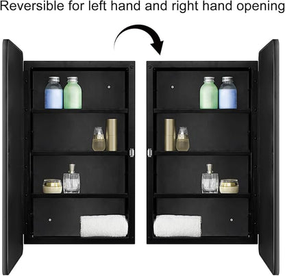 Fundin Black Plastic Medicine Cabinet, Mirror Door with Round Corner Metal Frame, Recessed and Surface Mount Bathroom Wall Medicine Cabinet, 16 x 28 inch Mirror Size