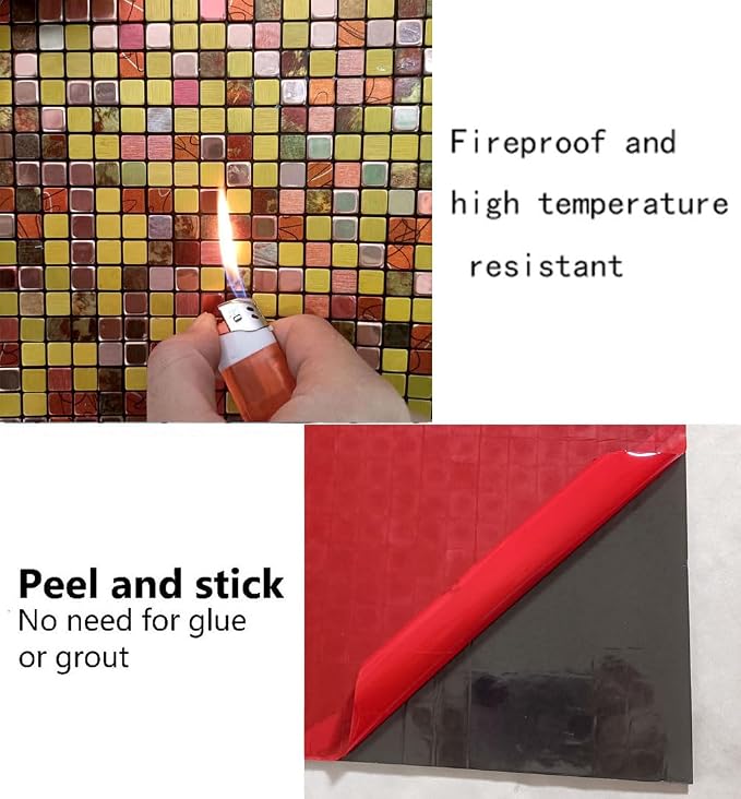 10 Pcs Peel and Stick Backsplash Mosaic Tiles, Self-Adhesive Wall Tile, Waterproof Oil Proof Stick On Tile for Kitchen, Bathroom Vanity, Fireplace & Laundry Room Decor (Gold+Red Printing)