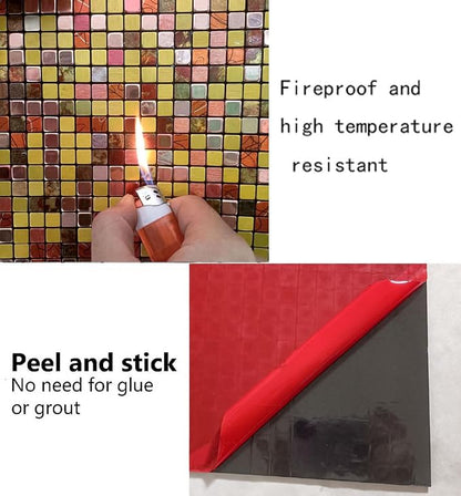 10 Pcs Peel and Stick Backsplash Mosaic Tiles, Self-Adhesive Wall Tile, Waterproof Oil Proof Stick On Tile for Kitchen, Bathroom Vanity, Fireplace & Laundry Room Decor (Gold+Red Printing)