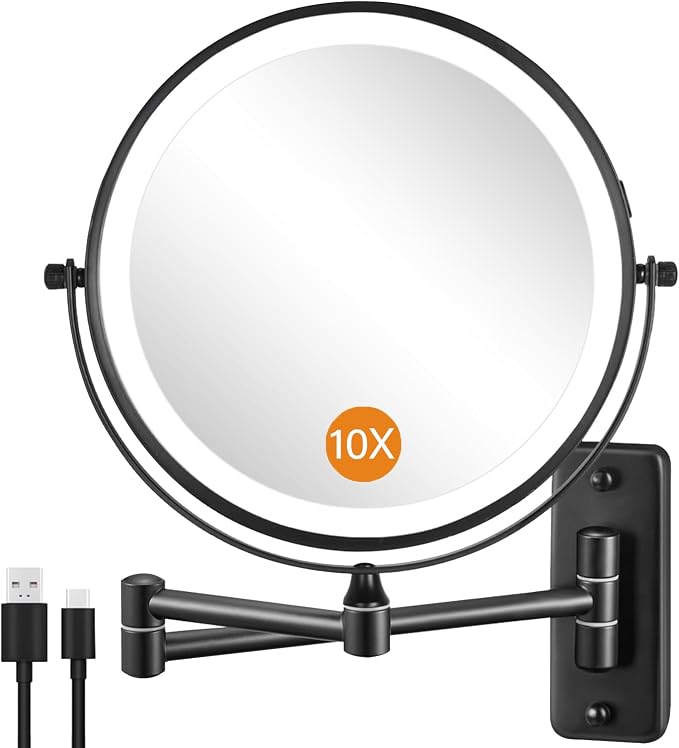 DECLUTTR Rechargeable Wall Mounted Lighted Makeup Mirror, 8 inch 10X Magnifying Mirror with 3 Color Lights, Dimmable Touch Screen Makeup Mirror with Lights for Bathroom, Black