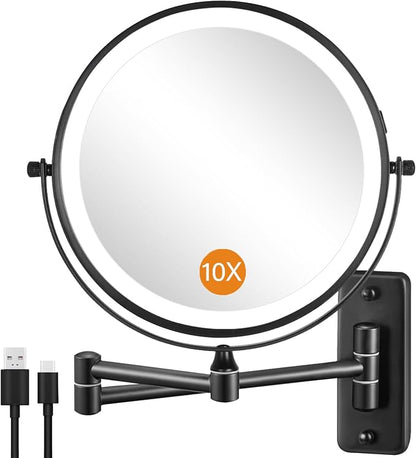 DECLUTTR Rechargeable Wall Mounted Lighted Makeup Mirror, 8 inch 10X Magnifying Mirror with 3 Color Lights, Dimmable Touch Screen Makeup Mirror with Lights for Bathroom, Black