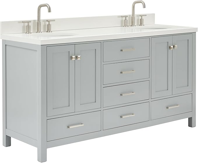 ARIEL Cambridge 66-inch Bathroom Vanity with Sink,Solid Wood, 1.5-inch Pure White Quartz Countertop & Backsplash, Double Oval Porcelain Sink, 4 Soft Closing Doors, 6 Dovetail Drawers, Grey