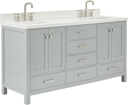 ARIEL Cambridge 66-inch Bathroom Vanity with Sink,Solid Wood, 1.5-inch Pure White Quartz Countertop & Backsplash, Double Oval Porcelain Sink, 4 Soft Closing Doors, 6 Dovetail Drawers, Grey