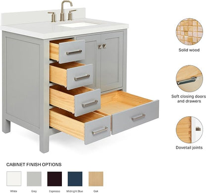 ARIEL Cambridge 36-inch Bathroom Vanity with Sink,Solid Wood, 1.5-inch Pure White Quartz Countertop & Backsplash, Single Rectangular Porcelain Sink, 2 Soft Closing Doors, 5 Dovetail Drawers, Grey