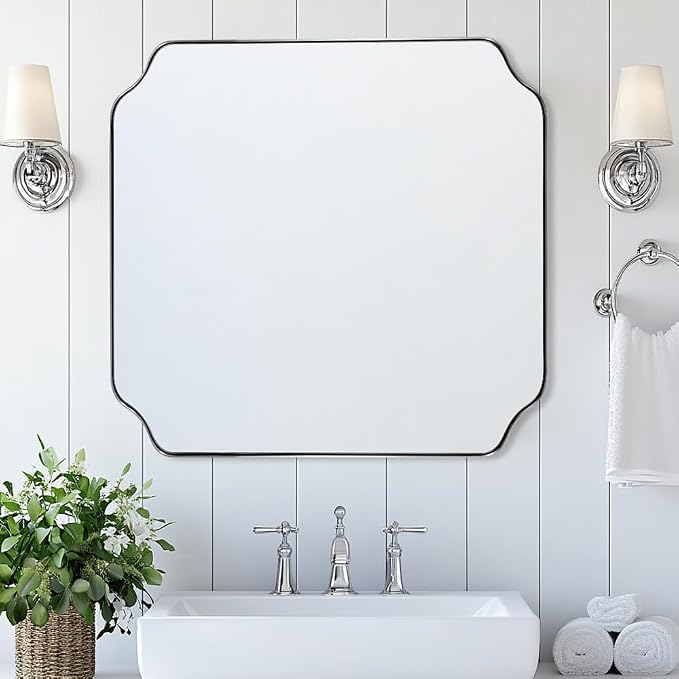 30"x30" Chrome Square Mirror, Polished Nickel Scalloped Bathroom Mirror for Over Sink, Modern Decorative Mirror with Designer Rounded Notched Corners, Anti-Rust SUS304 Frame