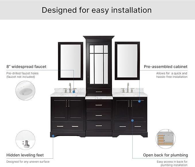 ARIEL Stafford 84-inch Bathroom Vanity with Sink,Solid Wood, 1.5-inch Italian Carrara Marble Countertop & Backsplash, Double Oval Porcelain Sink, 5 Soft Closing Doors, 6 Dovetail Drawers, Espresso