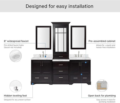 ARIEL Stafford 84-inch Bathroom Vanity with Sink,Solid Wood, 1.5-inch Italian Carrara Marble Countertop & Backsplash, Double Oval Porcelain Sink, 5 Soft Closing Doors, 6 Dovetail Drawers, Espresso